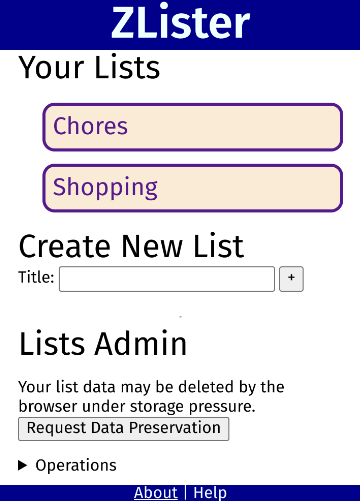 start page of ZLister showing created lists